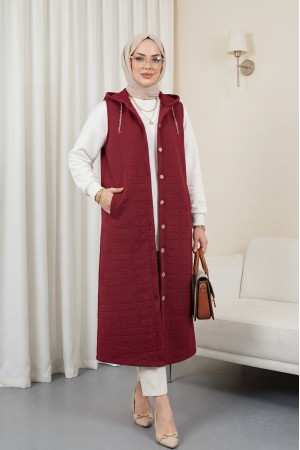 Önü Düğmeli Zincir Detaylı Kapşonlu Kapitone Yelek -Bordo