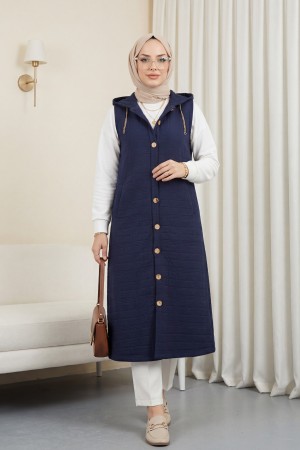 Önü Düğmeli Zincir Detaylı Kapşonlu Kapitone Yelek -Laci