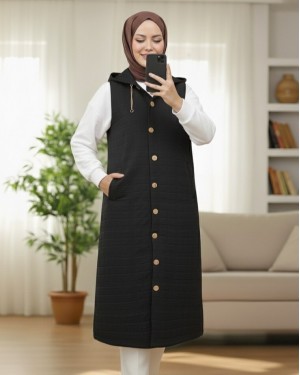 Quilted Vest with Buttoned Front and Chain Detailed Hood -Black