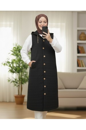 Önü Düğmeli Zincir Detaylı Kapşonlu Kapitone Yelek -Siyah