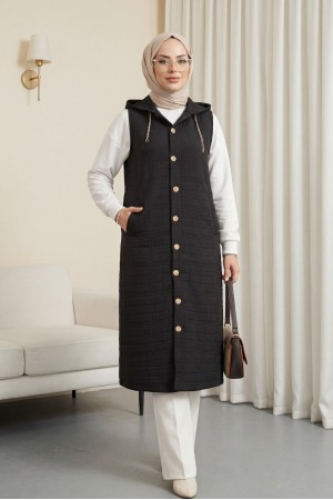 Önü Düğmeli Zincir Detaylı Kapşonlu Kapitone Yelek -Siyah