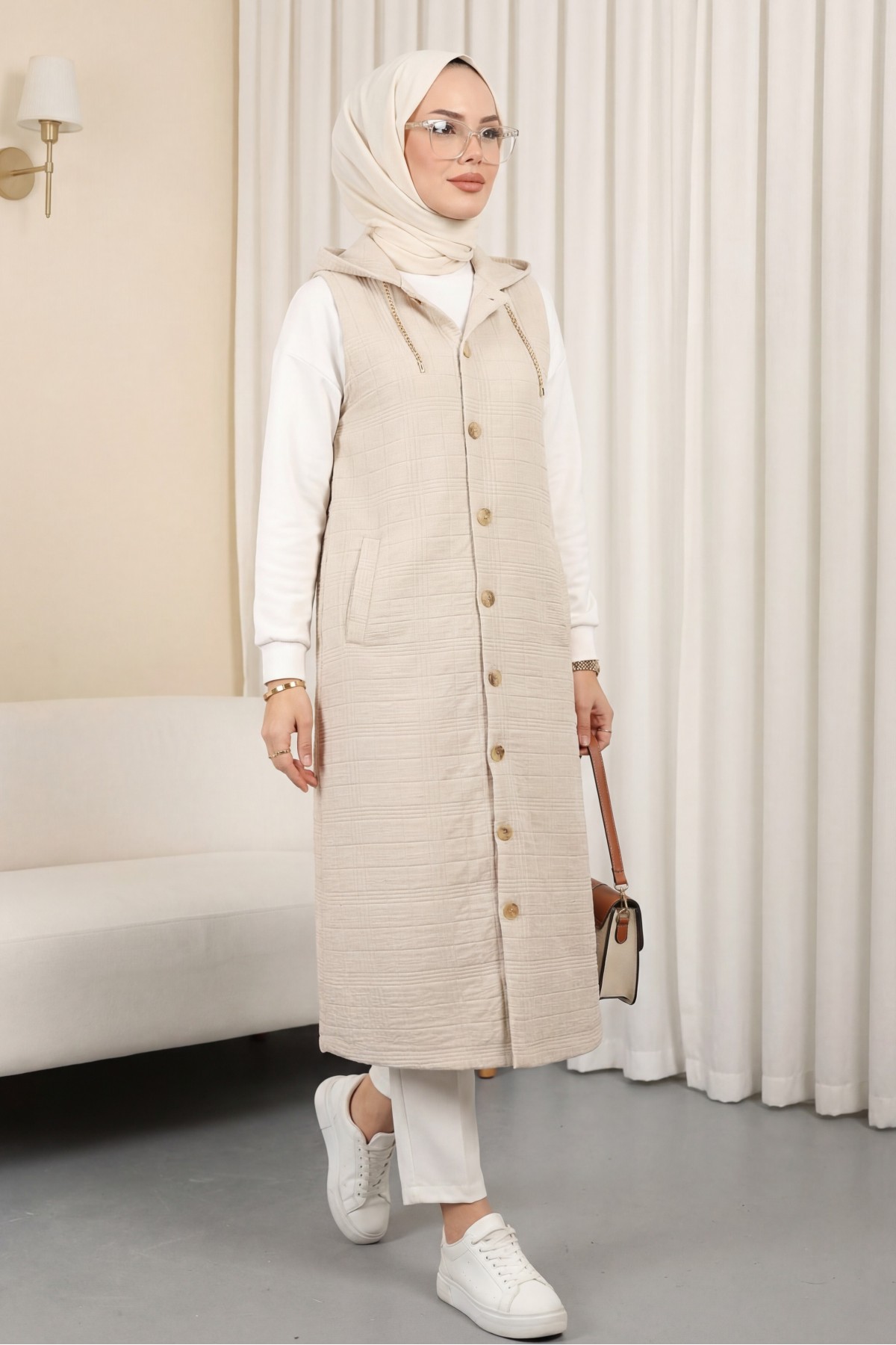 Quilted Vest with Buttoned Front and Chain Detailed Hood -Stone