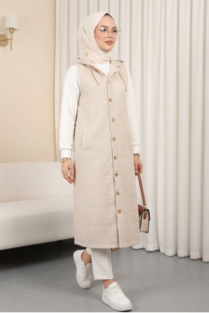 Önü Düğmeli Zincir Detaylı Kapşonlu Kapitone Yelek -Taş