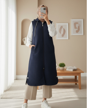 Zippered Hooded Long Quilted Vest with Pockets -Navy blue
