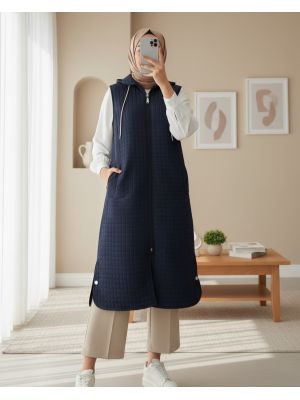 Fermuarlı Kapşonlu Cepli Uzun Kapitone Yelek -Laci