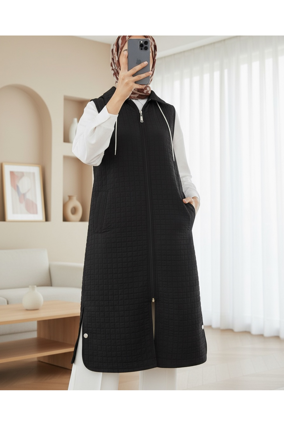 Zippered Hooded Long Quilted Vest with Pockets -Black