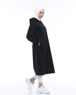 سويت شيرت أطلس ذو قلنسوة طويل بسيط أساسي