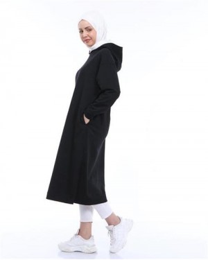 سويت شيرت أطلس ذو قلنسوة طويل بسيط أساسي