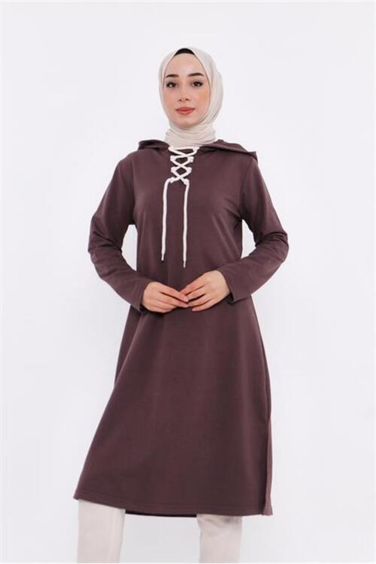 Eflin Neckline Tie Hooded Long Sweatshirt