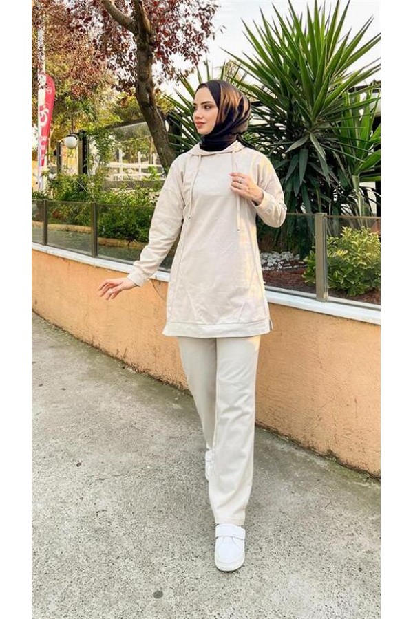 Kapşonlu O Yaka Sade Basic İkili Eşofman Spor Takımı 