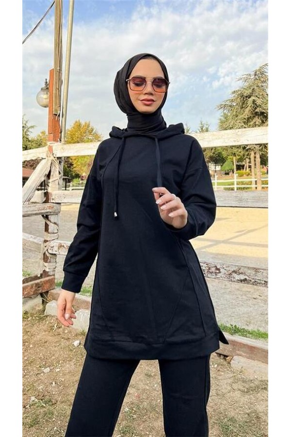 Kapşonlu O Yaka Sade Basic İkili Eşofman Spor Takımı 