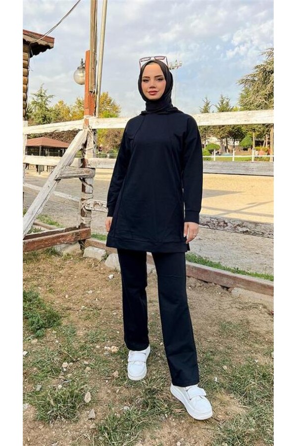Kapşonlu O Yaka Sade Basic İkili Eşofman Spor Takımı 