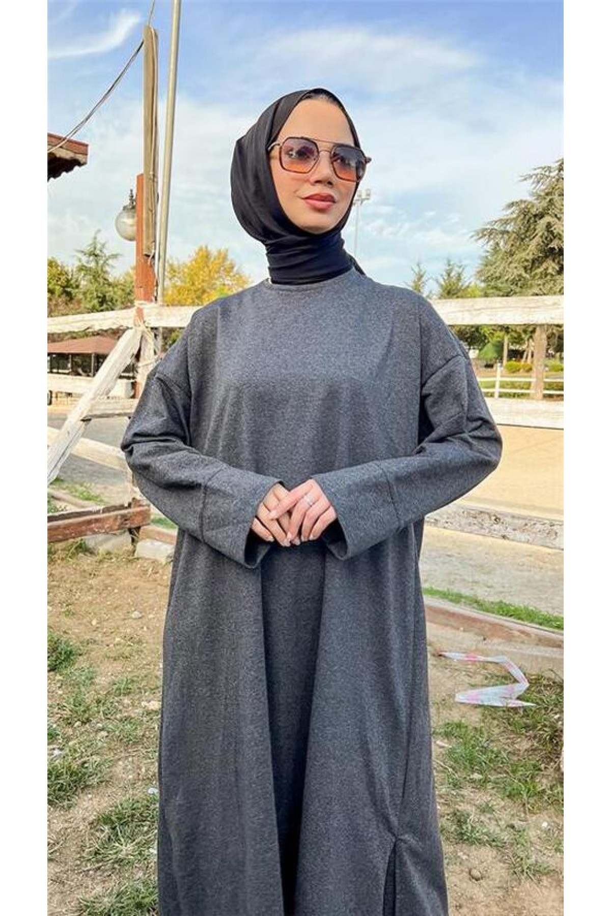 Crew Neck Slit Long Wide Comfortable Tunic and Pants Simple Basic Sport Set