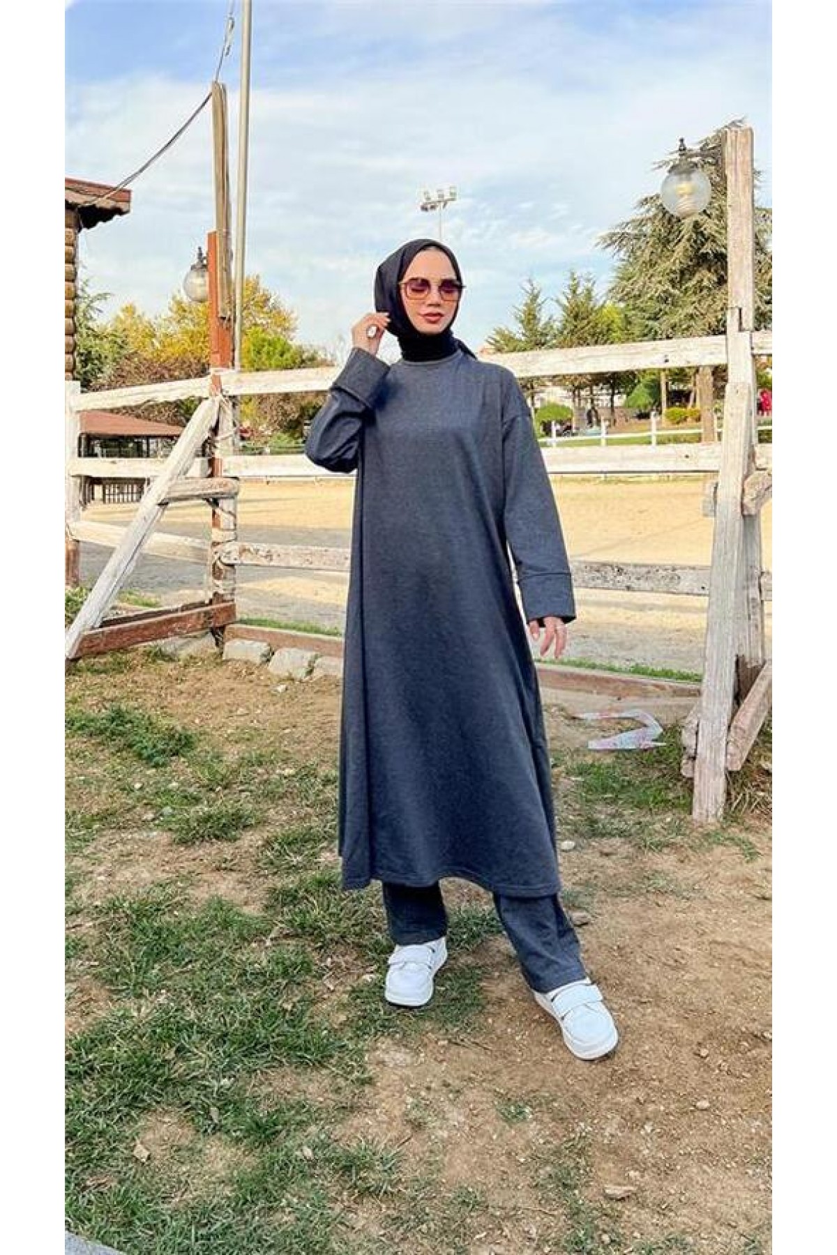 Crew Neck Slit Long Wide Comfortable Tunic and Pants Simple Basic Sport Set
