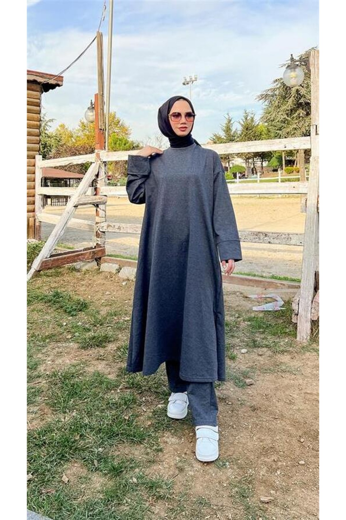 Crew Neck Slit Long Wide Comfortable Tunic and Pants Simple Basic Sport Set