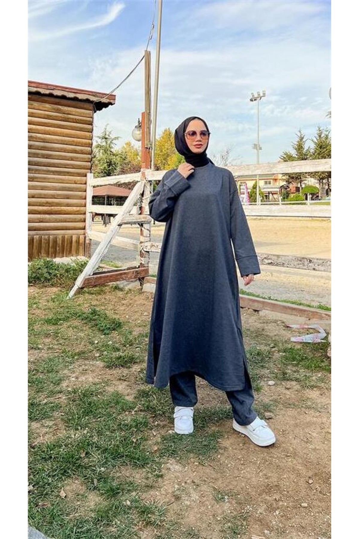 Crew Neck Slit Long Wide Comfortable Tunic and Pants Simple Basic Sport Set