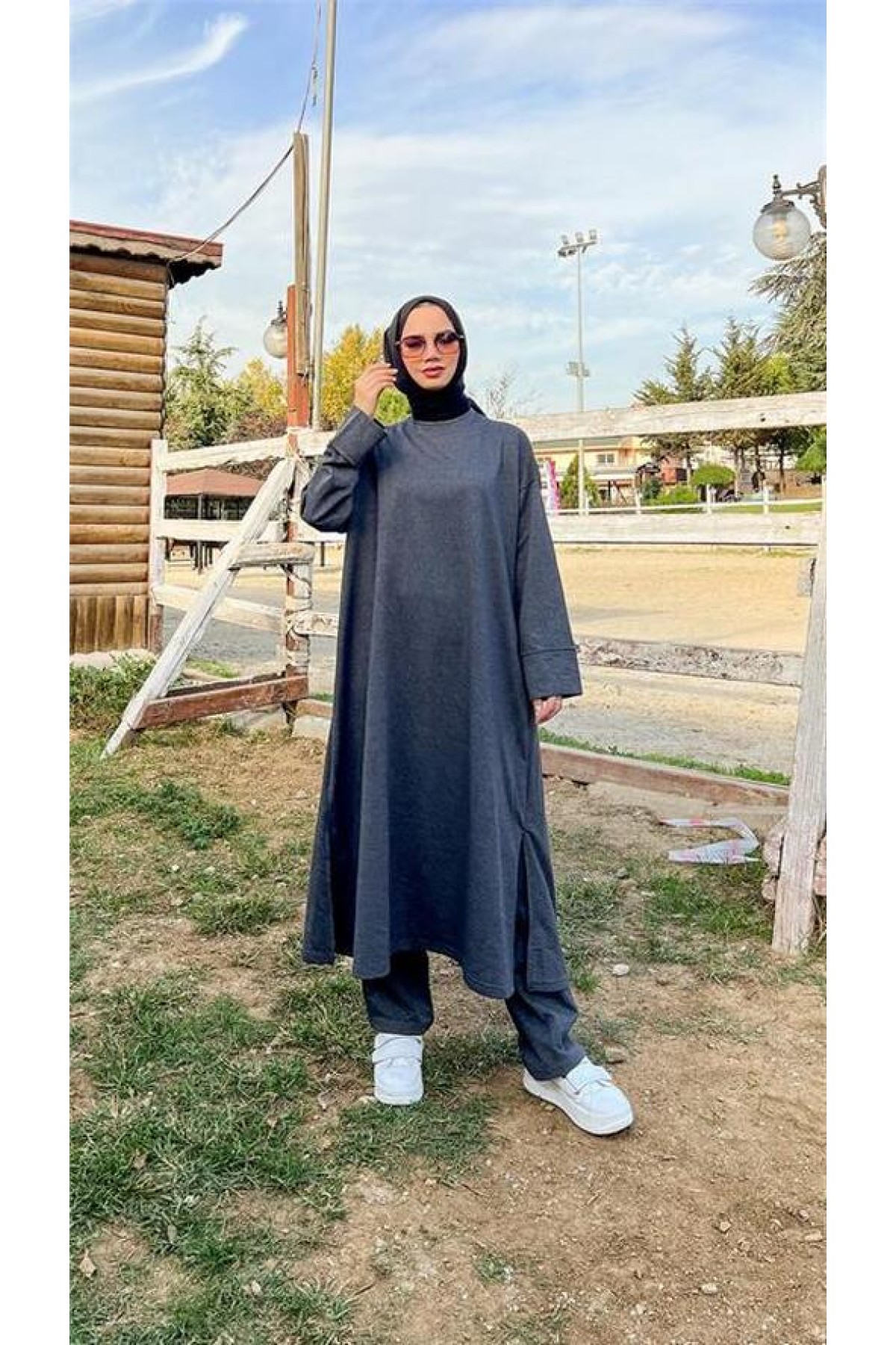 Crew Neck Slit Long Wide Comfortable Tunic and Pants Simple Basic Sport Set