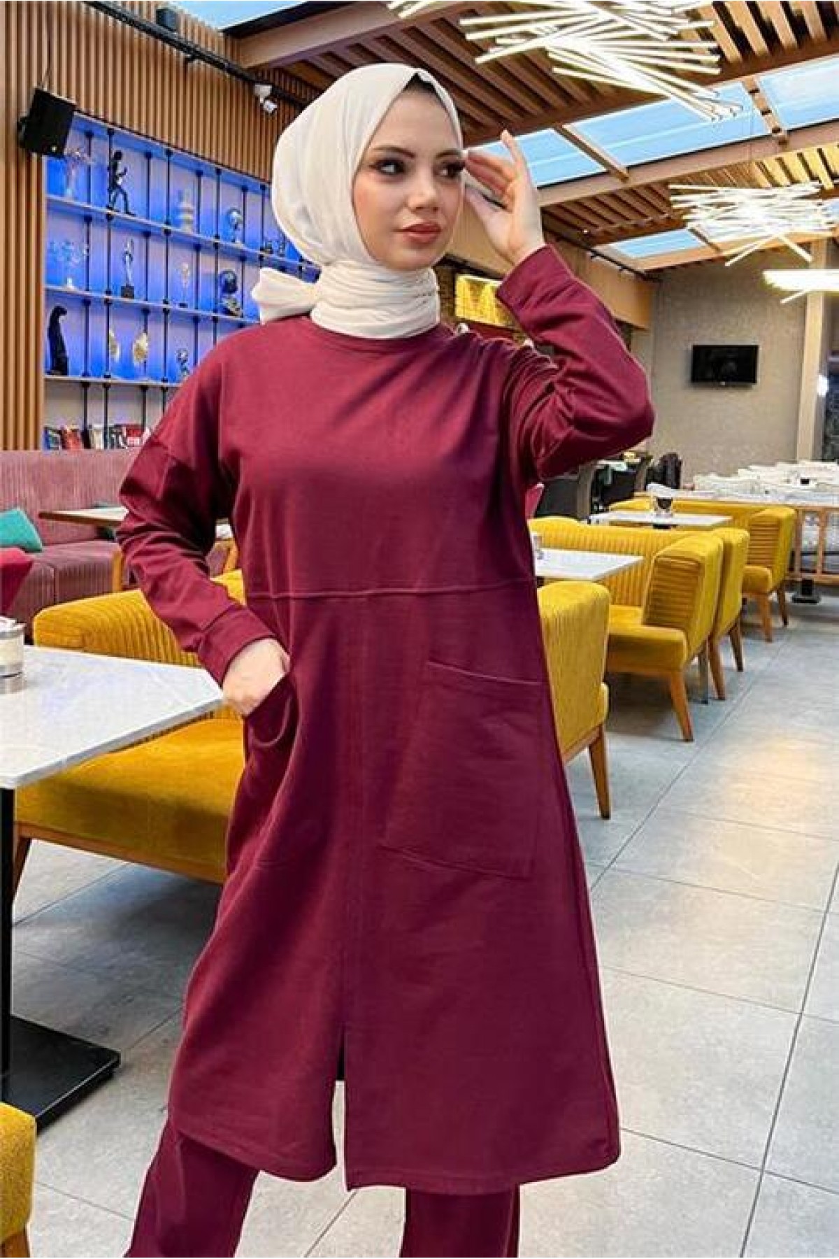 Simple Basic Long Tunic and Pants Two-Piece Sport Set with Two Front Pockets