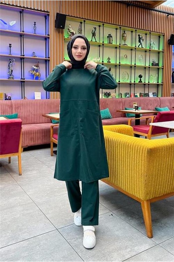 Önden İki Cepli Sade Basic Uzun Tunik Pantolon İkili Spor Takımı 