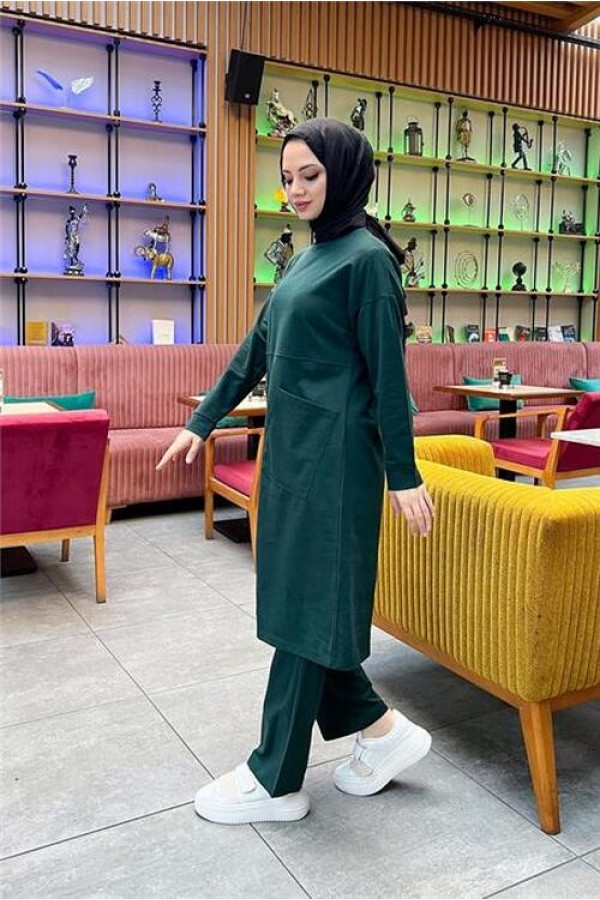 Önden İki Cepli Sade Basic Uzun Tunik Pantolon İkili Spor Takımı 