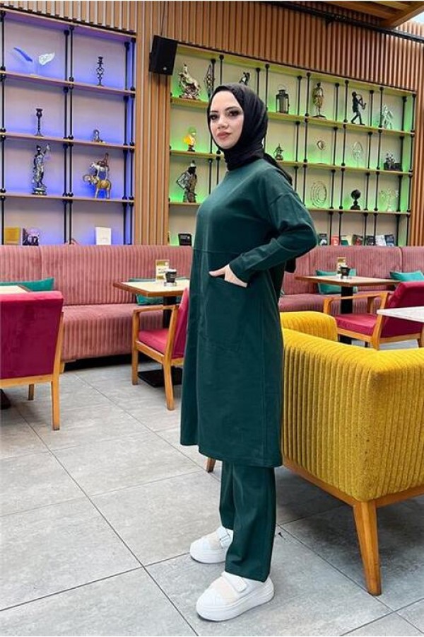 Önden İki Cepli Sade Basic Uzun Tunik Pantolon İkili Spor Takımı 