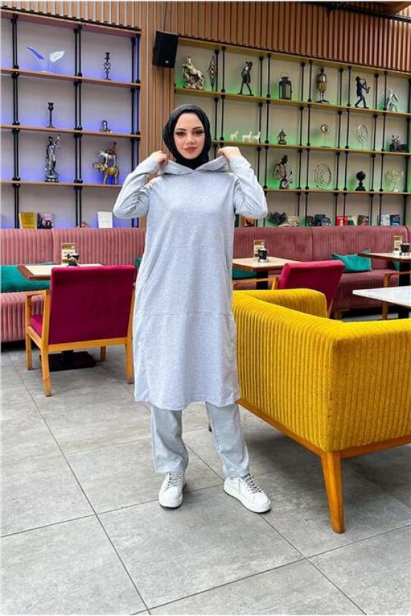 Kapşonlu Yandat Çıtçıtlı Sade Basic Uzun Tunik ve Pantolon İkili Spor Takım 