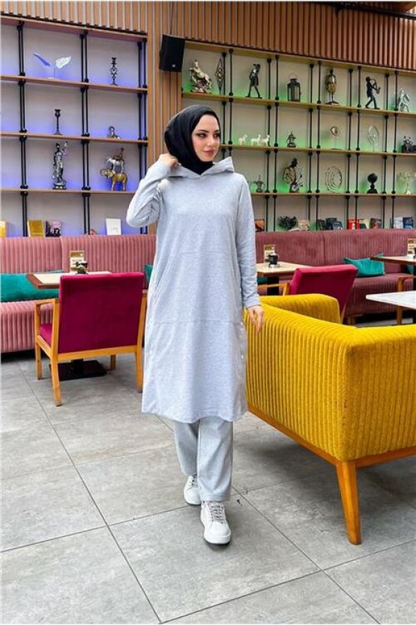 Kapşonlu Yandat Çıtçıtlı Sade Basic Uzun Tunik ve Pantolon İkili Spor Takım 