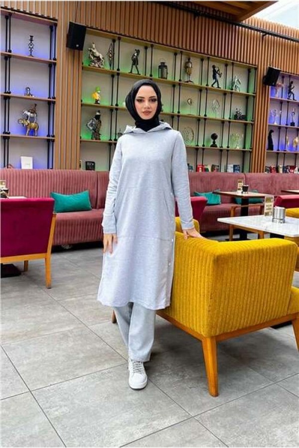 Kapşonlu Yandat Çıtçıtlı Sade Basic Uzun Tunik ve Pantolon İkili Spor Takım 