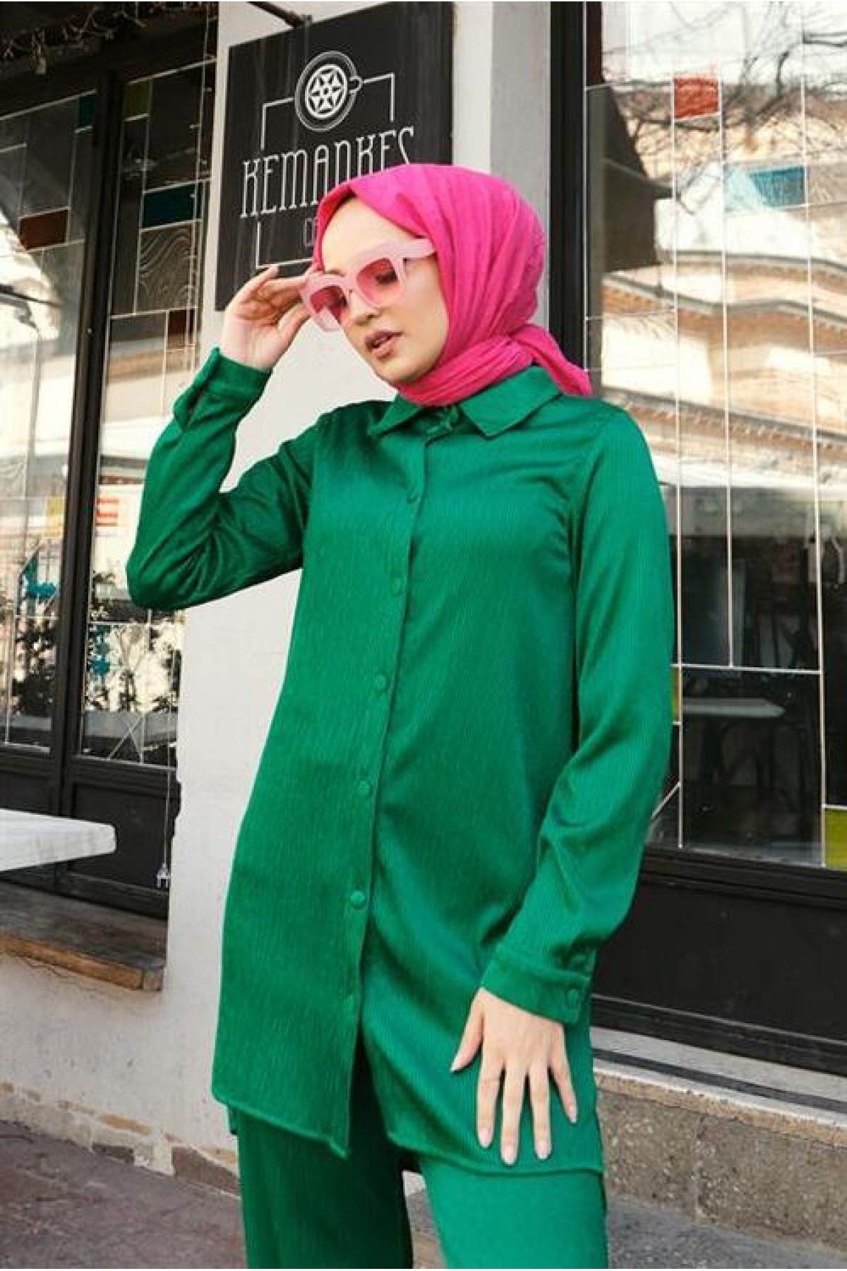 Ada Piliseli Düğmeli Sade Basic Gömlek Pantolon İkili Takım 