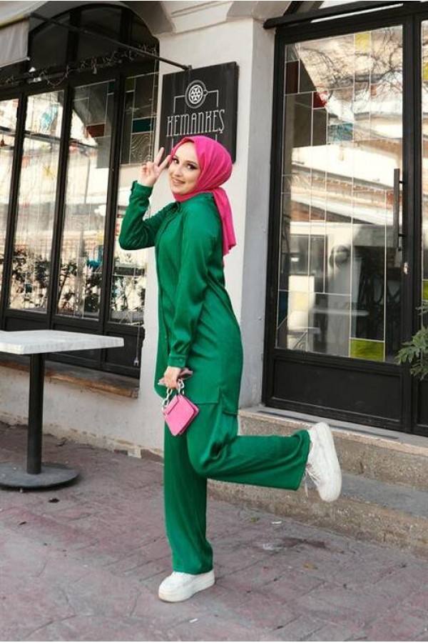 Ada Piliseli Düğmeli Sade Basic Gömlek Pantolon İkili Takım 