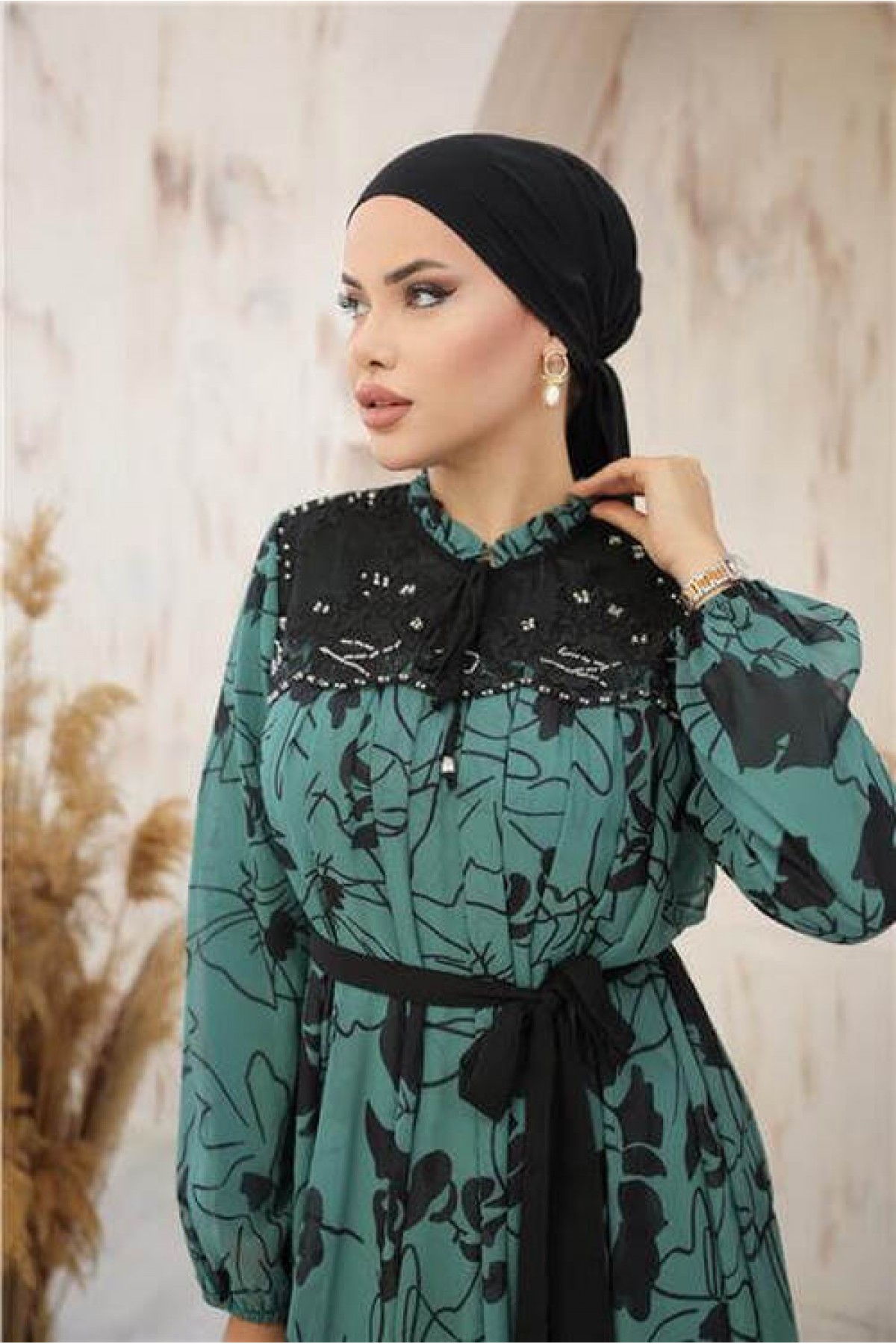 Long Chiffon Dress with Neck and Waist Ties and Pattern