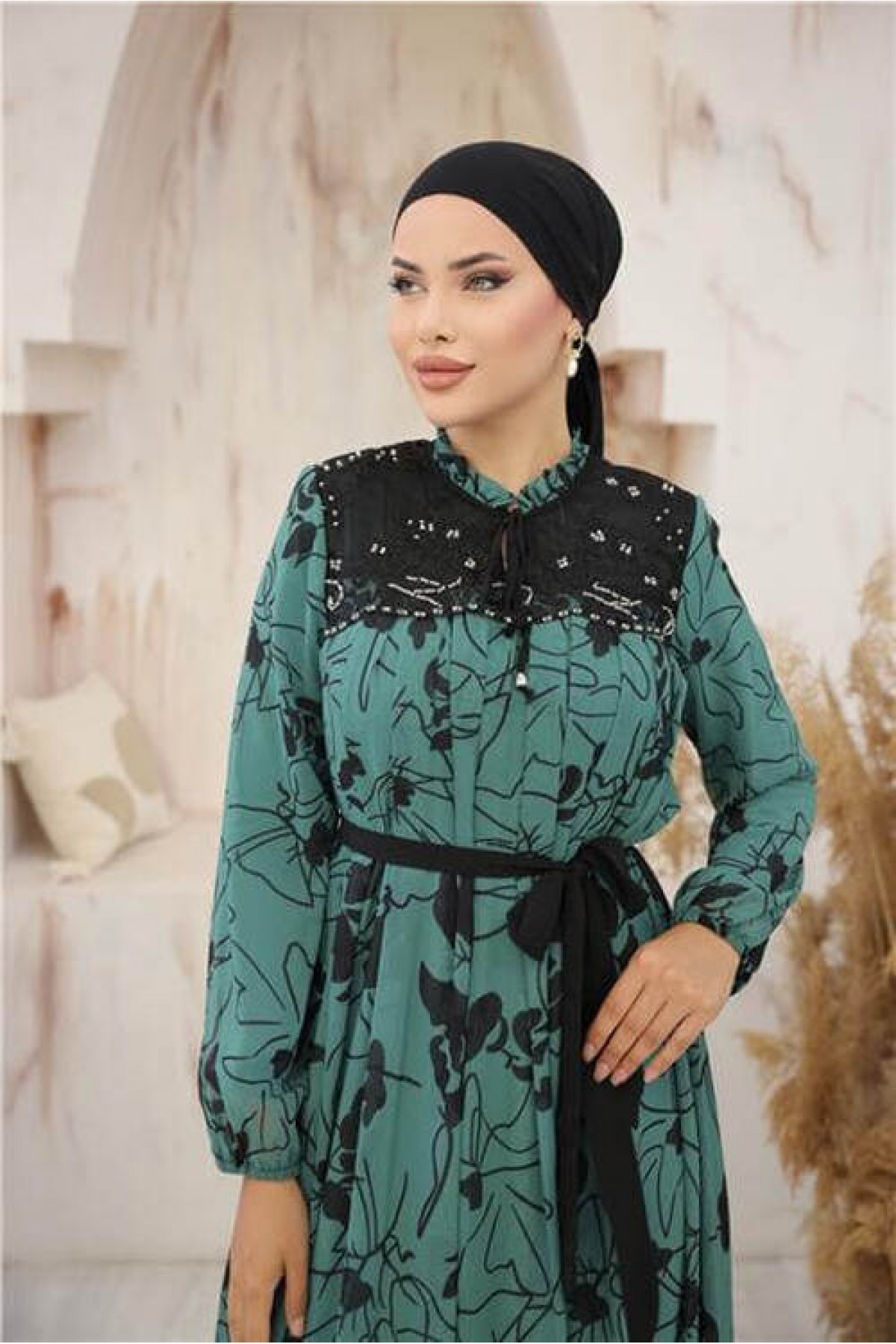 Long Chiffon Dress with Neck and Waist Ties and Pattern