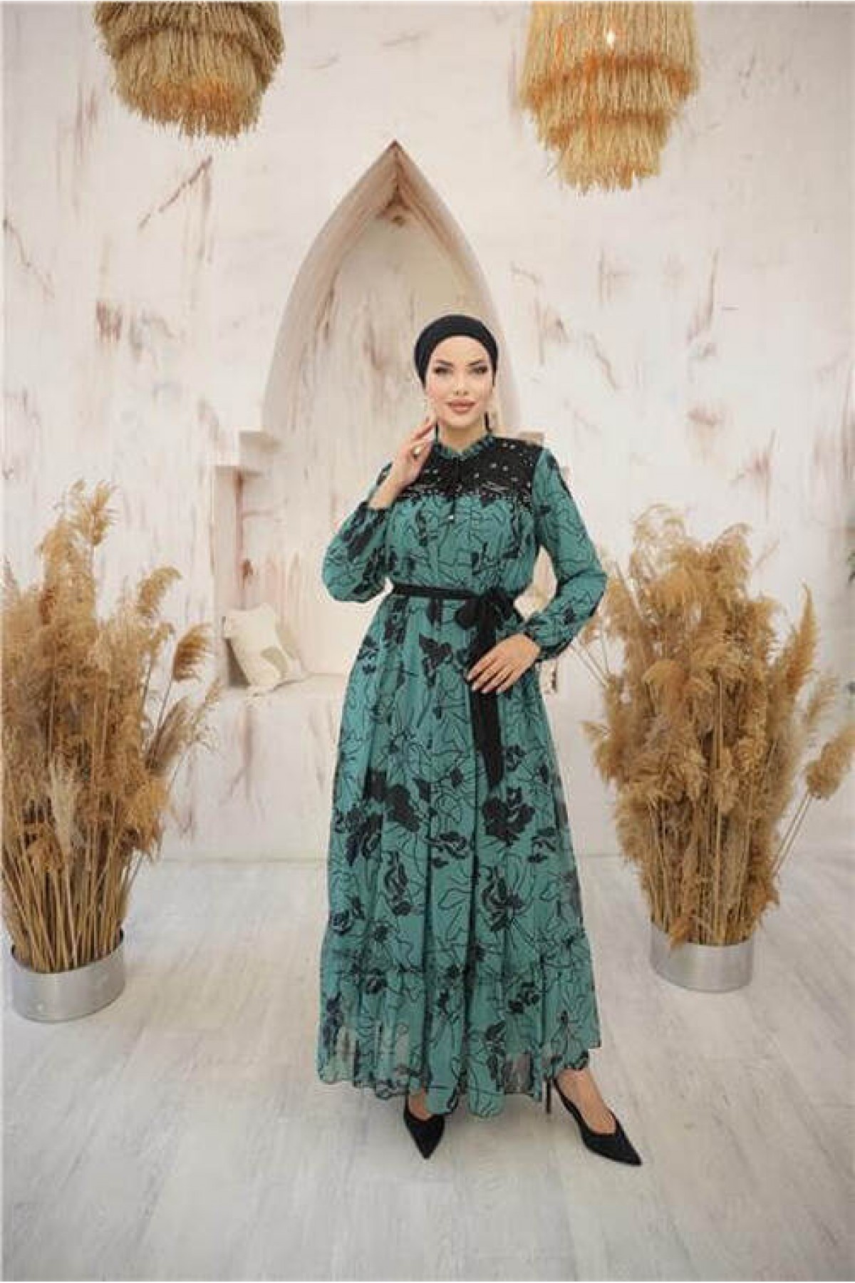 Long Chiffon Dress with Neck and Waist Ties and Pattern