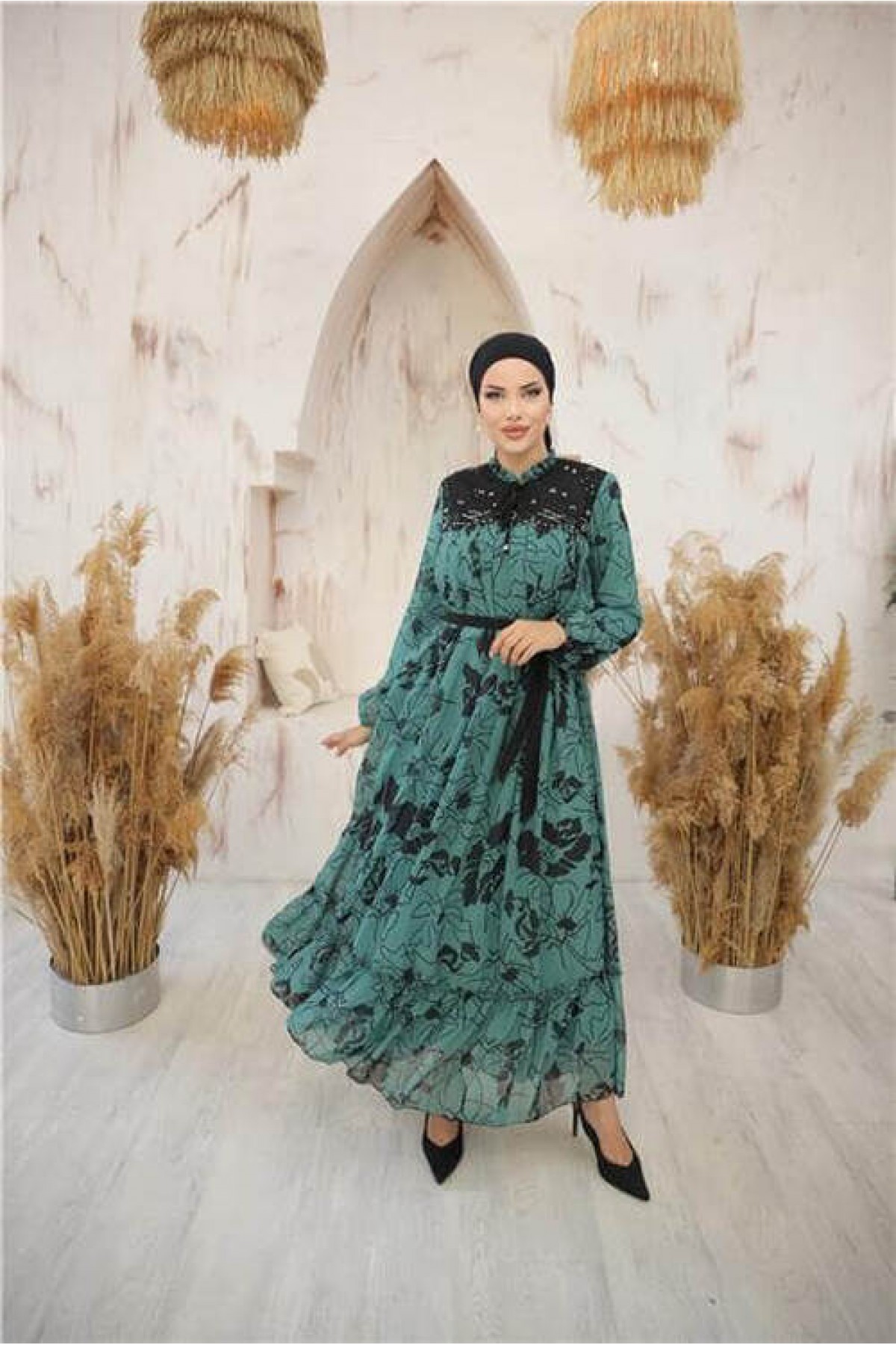 Long Chiffon Dress with Neck and Waist Ties and Pattern