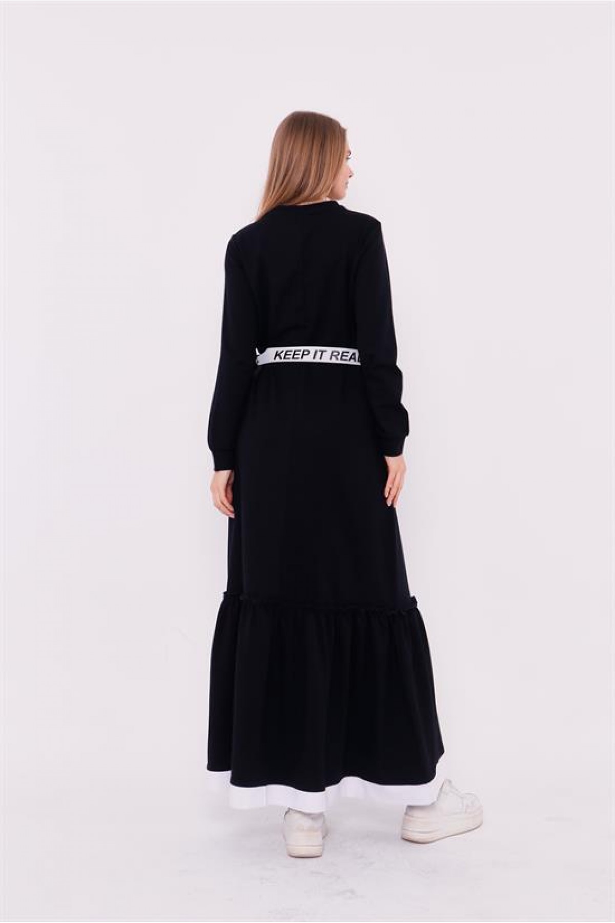 Moss-patterned, belted, and ruffle-detailed sports dress. detay görseli