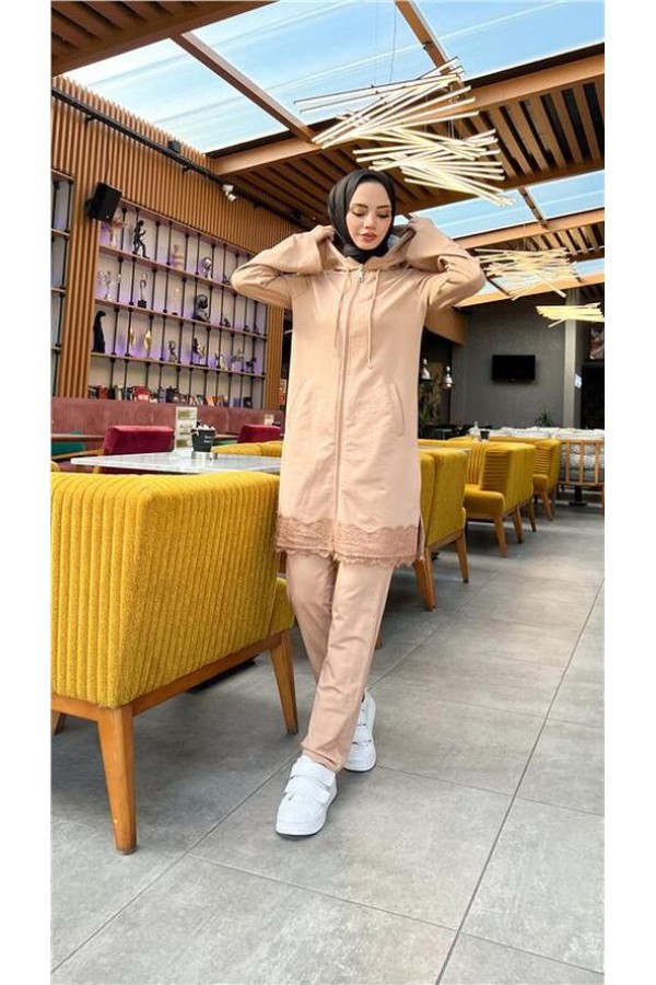 Fermuarlı Kapşonlu Dantel Desenli Tunik Pantolon İkili Spor Takım 