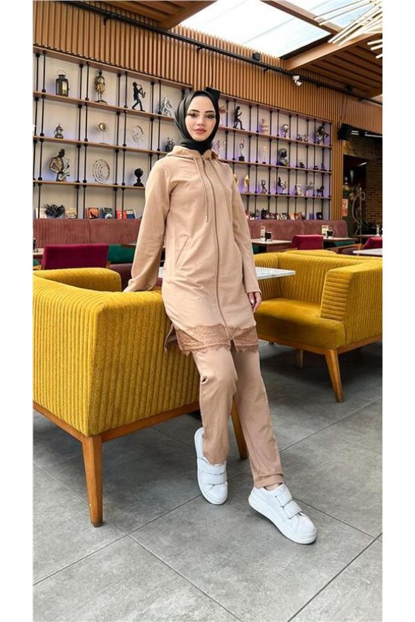 Fermuarlı Kapşonlu Dantel Desenli Tunik Pantolon İkili Spor Takım 
