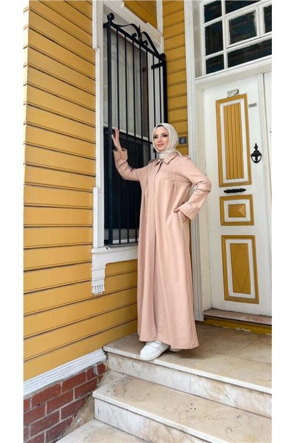 Yakalı Dirsek Kemer Detaylı Pamuklu Uzun Ferace 