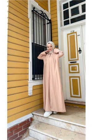 Yakalı Dirsek Kemer Detaylı Pamuklu Uzun Ferace 