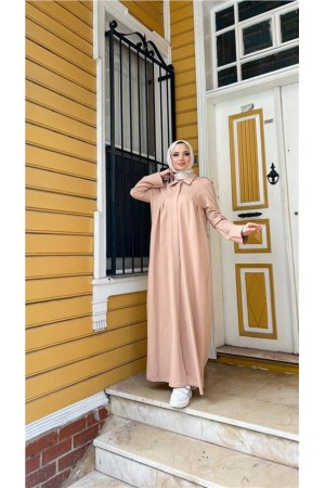 Yakalı Dirsek Kemer Detaylı Pamuklu Uzun Ferace 