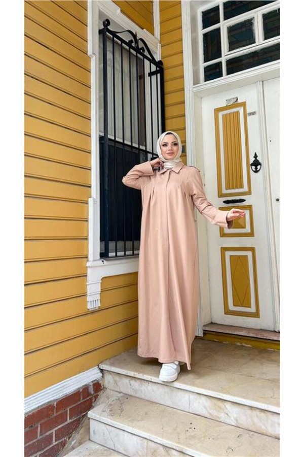 Yakalı Dirsek Kemer Detaylı Pamuklu Uzun Ferace 
