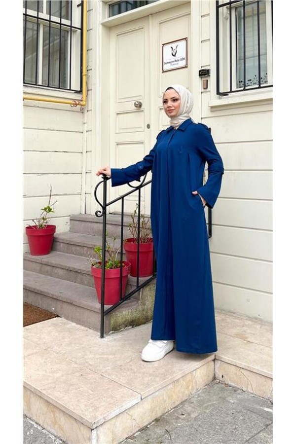 Yakalı Dirsek Kemer Detaylı Pamuklu Uzun Ferace 