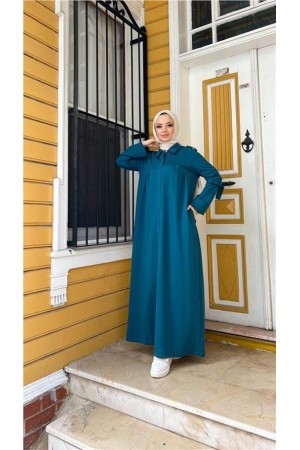 Yakalı Dirsek Kemer Detaylı Pamuklu Uzun Ferace 