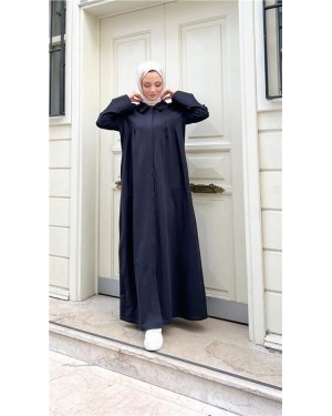 Long Cotton Abaya with Collar and Elbow Belt Detail
