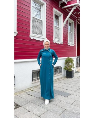 Yakalı Cepli Yandan Düğmeli Pamuklu Uzun Ferace 