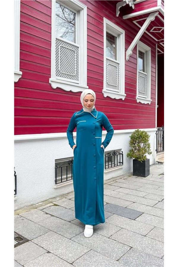 Yakalı Cepli Yandan Düğmeli Pamuklu Uzun Ferace 