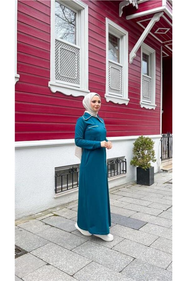 Yakalı Cepli Yandan Düğmeli Pamuklu Uzun Ferace 