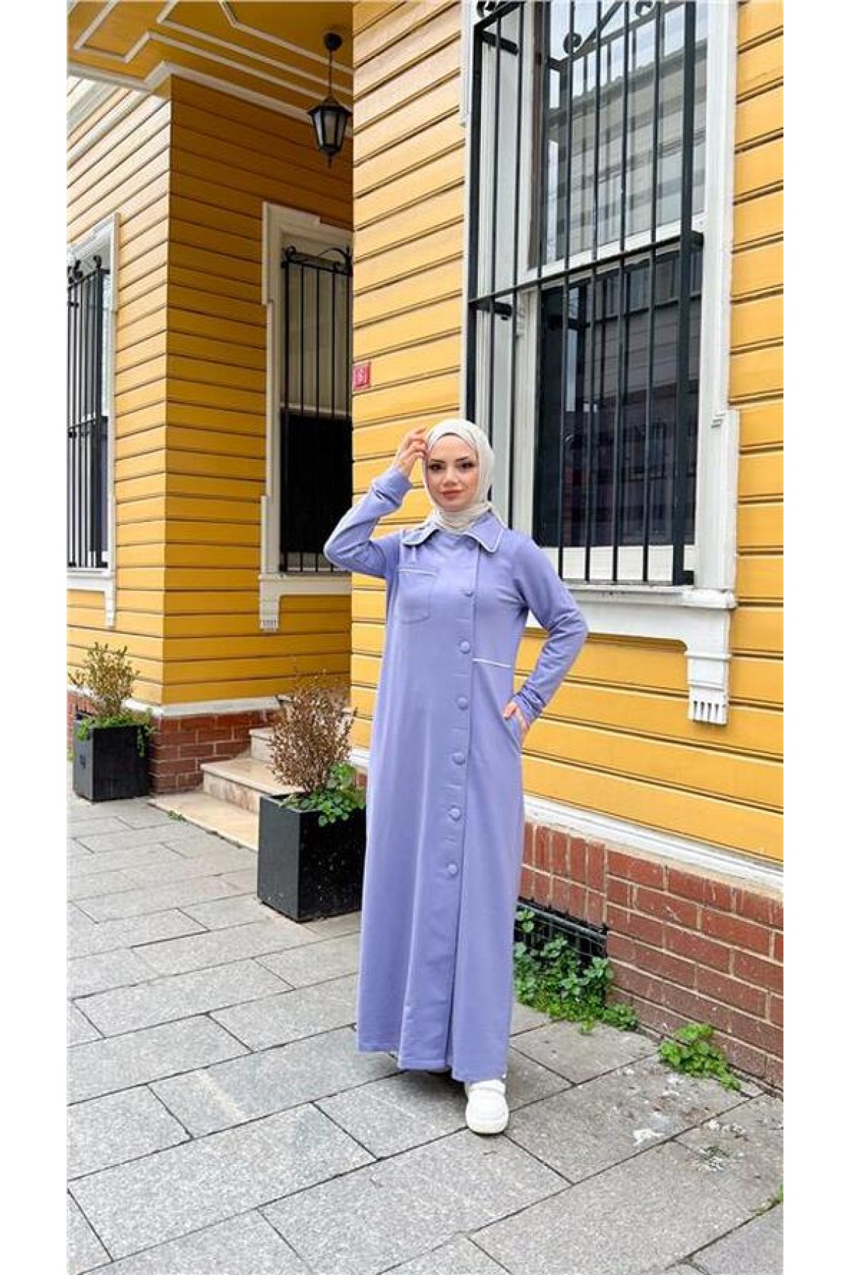 Yakalı Cepli Yandan Düğmeli Pamuklu Uzun Ferace 