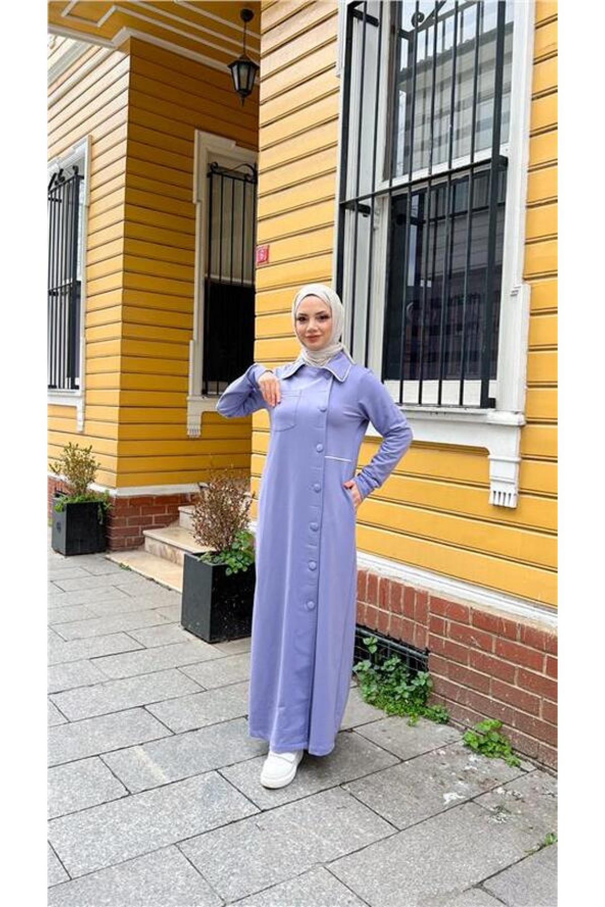 Yakalı Cepli Yandan Düğmeli Pamuklu Uzun Ferace 