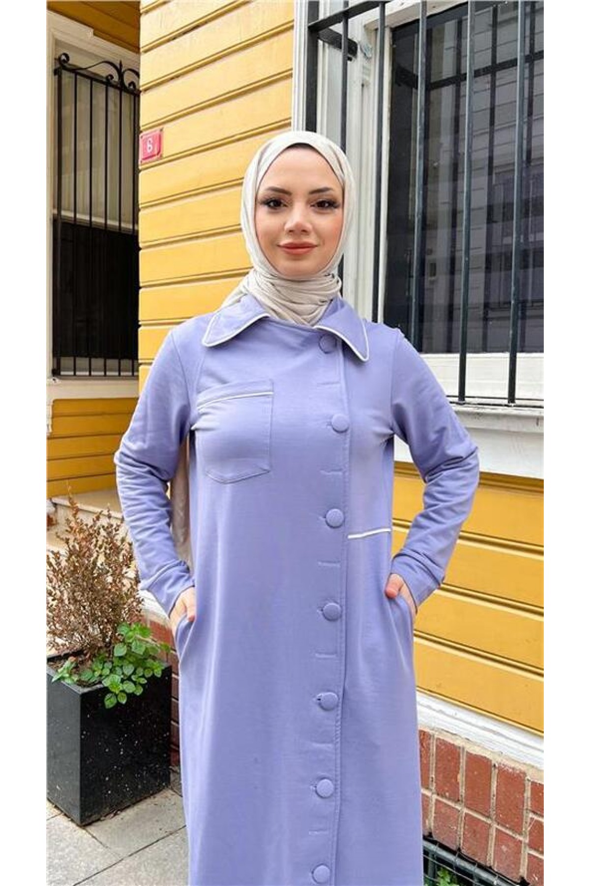 Yakalı Cepli Yandan Düğmeli Pamuklu Uzun Ferace 